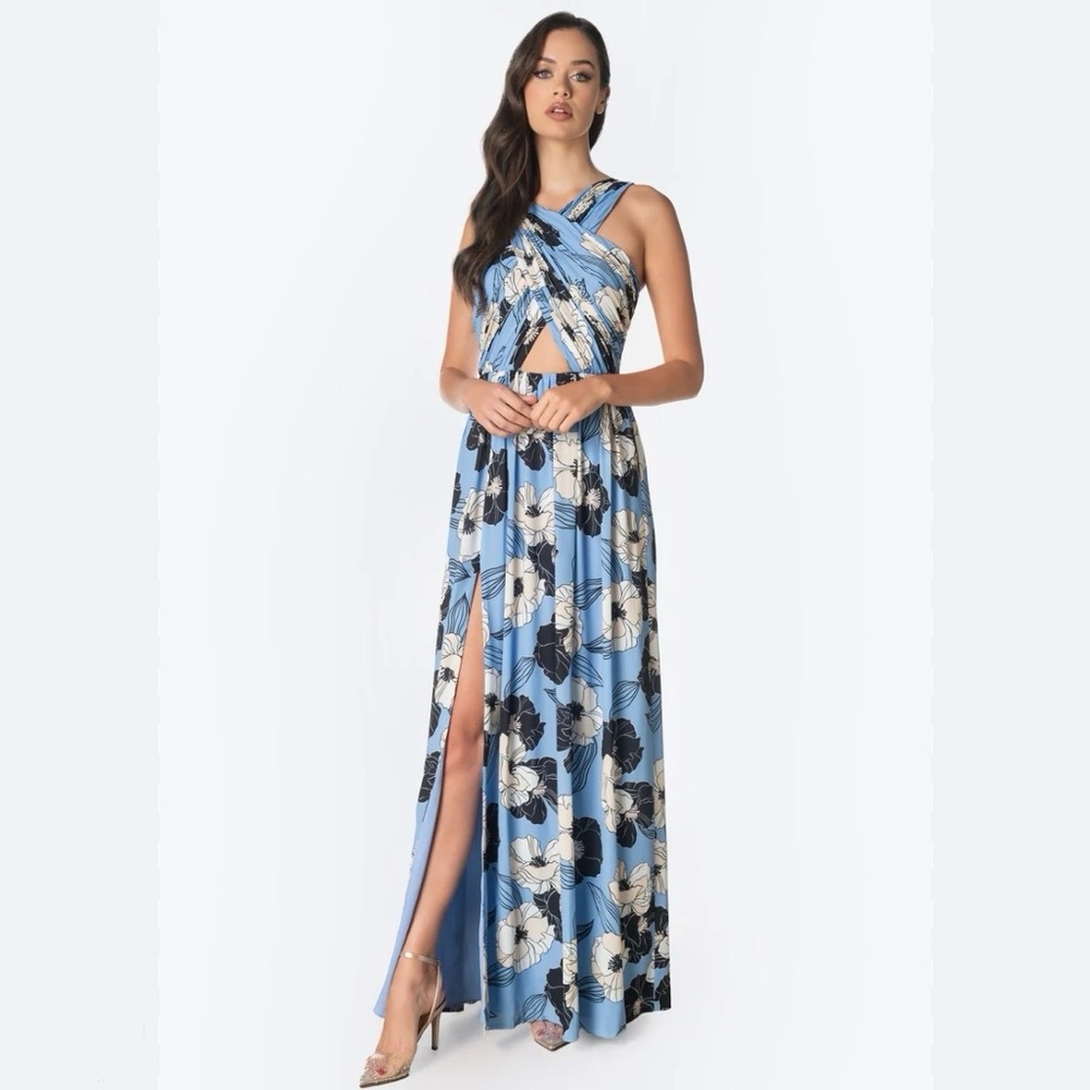 DRESS THE POPULATION Rose Dress in Sky Multi